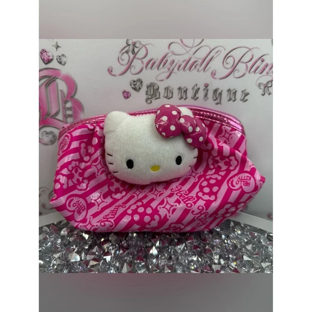 Hello Kitty bag makeup plush White Plush Face Pink Polka Dot Bow Cosmetic Pouch